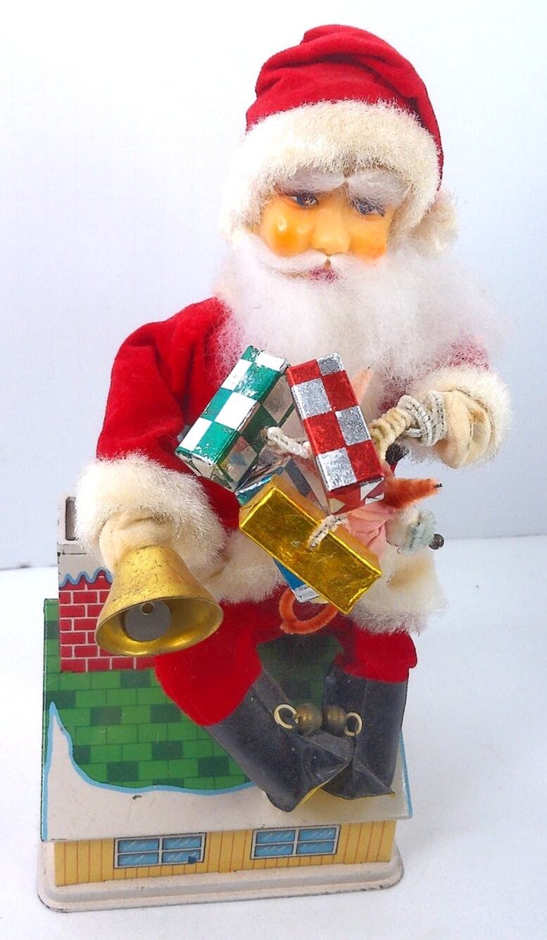 Vintage 1960 Noel Decorations Santa Light Up Tin Litho Toy Bank READ